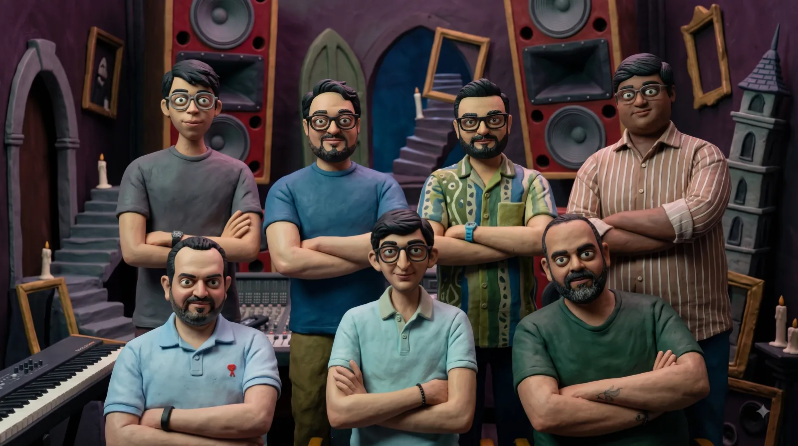 The PatchWorks Audio team modelled as clay figures, arms folded in a studio set with a mixing desk, monitors and a keyboard.